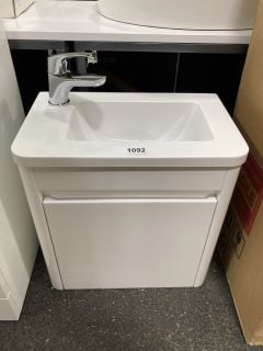 (COLLECTION ONLY) WALL HUNG 1 DOOR CLOSET SINK UNIT IN WHITE WITH A 410 X 260MM 1TH POLYMARBLE BASIN COMPLETE WITH A MONO BASIN MIXER TAP & CHROME SPRUNG WASTE - RRP £499: LOCATION - A6