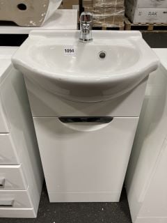 (COLLECTION ONLY) FLOOR STANDING 1 DOOR SEMI RECESSED CLOSET SINK UNIT IN WHITE WITH A 410 X 350MM 1TH CERAMIC BASIN COMPLETE WITH A MONO BASIN MIXER TAP & CHROME SPRUNG WASTE - RRP £645: LOCATION -