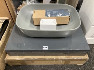 (COLLECTION ONLY) 600 X 460MM FLOATING SHELF IN GLOSS GREY WITH A GREY CERAMIC VESSEL BASIN & WALL MOUNTED BASIN MIXER IN CHROME WITH SPRUNG WASTE - RRP £570: LOCATION - A7