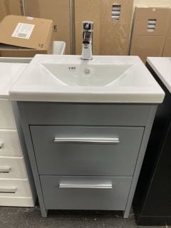 (COLLECTION ONLY) FLOOR STANDING 2 DRAWER SINK UNIT IN LIGHT GREY WITH A 510 X 400MM 1TH CERAMIC BASIN COMPLETE WITH A MONO BASIN MIXER TAP IN CHROME WITH POP UP WASTE - RRP £710: LOCATION - A5