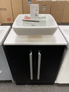 (COLLECTION ONLY) FLOOR STANDING 2 DOOR COUNTERTOP SINK UNIT IN BLACK ASH & WHITE 600 X 400MM WITH A CERAMIC VESSEL BASIN COMPLETE WITH A WALL MOUNTED BASIN MIXER IN CHROME WITH SPRUNG WASTE - RRP £7