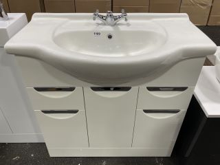 (COLLECTION ONLY) FLOOR STANDING 3 DOOR 2 DRAWER SEMI RECESSED SINK UNIT IN WHITE WITH A 850 X 480MM 1TH CERAMIC BASIN COMPLETE WITH A CROSSHEAD MONO BASIN MIXER TAP & CHROME SPRUNG WASTE - RRP £860: