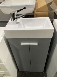 (COLLECTION ONLY) FLOOR STANDING 2 DOOR CLOSET SINK UNIT IN LIGHT GREY WITH A 410 X 225MM STH POLYMARBLE BASIN COMPLETE WITH A MONO BASIN MIXER TAP & CHROME SPRUNG WASTE - RRP £648: LOCATION - A4