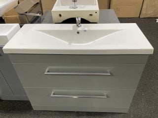 (COLLECTION ONLY) FLOOR STANDING 2 DRAWER SINK UNIT IN LIGHT GREY WITH A 1010 X 400MM 1TH CERAMIC BASIN COMPLETE WITH A MONO BASIN MIXER TAP & CHROME SPRUNG WASTE - RRP £940: LOCATION - A4