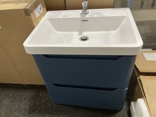 (COLLECTION ONLY) WALL HUNG 2 DRAWER SINK UNIT IN BLUE WITH A 600 X 450MM 1TH POLYMARBLE BASIN COMPLETE WITH A MONO BASIN MIXER TAP & CHROME SPRUNG WASTE: LOCATION - A2