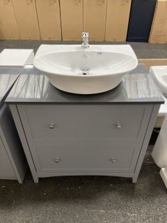 (COLLECTION ONLY) FLOOR STANDING 2 DRAWER COUNTERTOP SINK UNIT IN LIGHT GREY & GRAPHITE 805 X 430MM WITH A 1TH CERAMIC BASIN COMPLETE WITH A MONO BASIN MIXER TAP & CHROME SPRUNG WASTE - RRP £820: LOC