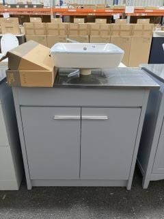 (COLLECTION ONLY) FLOOR STANDING 2 DOOR SINK UNIT IN LIGHT GREY & GRAPHITE 805 X 430MM WITH A SQUARE CERAMIC VESSEL BASIN COMPLETE WITH A HIGH MONO BASIN MIXER TAP IN CHROME WITH POP UP WASTE - RRP £