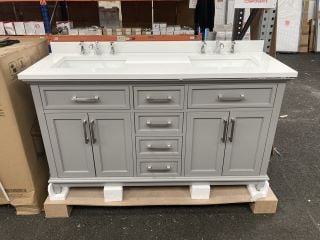 OVE DECORS FLOOR STANDING 4 DOOR 5 DRAWER TWIN SINK UNIT IN AMERICAN GREY WITH A PRE DRILLED 3TH MARBLE TWIN BASIN TOP WITH BACKSPLASH 1524 X 560 X 880MM COMPLETE WITH 2 X DECK MOUNTED 3TH BASIN MIXE