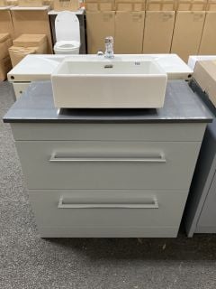 (COLLECTION ONLY) FLOOR STANDING 2 DRAWER COUNTERTOP SINK UNIT IN LIGHT GREY & GRAPHITE 805 X 430MM WITH A 1TH CERAMIC BASIN COMPLETE WITH A MONO BASIN MIXER TAP & CHROME SPRUNG WASTE - RRP £820: LOC