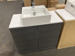 (COLLECTION ONLY) FLOOR STANDING 2 DOOR COUNTERTOP SINK UNIT IN GRAPHITE GREY & WHITE 900 X 460MM WITH A 1TH CERAMIC BASIN COMPLETE WITH A MONO BASIN MIXER TAP & CHROME SPRUNG WASTE - RRP £860: LOCAT