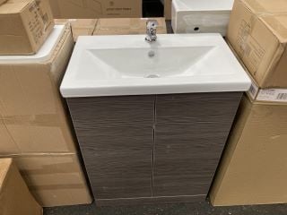 (COLLECTION ONLY) FLOOR STANDING 2 DOOR SINK UNIT IN BROWN GREY AVOLA WITH A 610 X 370MM 1TH CERAMIC BASIN COMPLETE WITH A MONO BASIN MIXER TAP & CHROME SPRUNG WASTE - RRP £745: LOCATION - A4