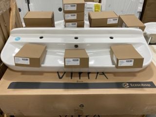 (COLLECTION ONLY) VITRA SENTO JUNOR WALL MOUNTED 3TH CERAMIC BASIN COMPLETE WITH 3 X MONO BASIN MIXER TAP & CHROME SPRUNG WASTE - RRP £1747: LOCATION - B6