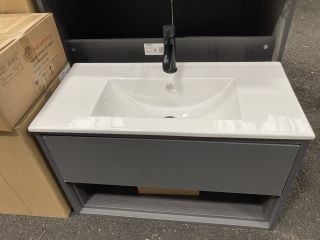 (COLLECTION ONLY) WALL HUNG 1 DRAWER WITH OPEN SHELF SINK UNIT IN GLOSS GREY WITH A 810 X 400MM WITH A BLACK MONO BASIN MIXER TAP & SPRUNG WASTE - RRP £890: LOCATION - A2