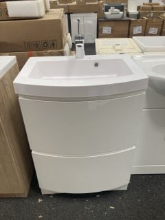 (COLLECTION ONLY) FLOOR STANDING 2 DRAWER BOW FRONTED SINK UNIT IN WHITE WITH A 605 X 440MM 1TH POLYMARBLE BASIN *TINY CHIP TO REAR LEFT CORNER* COMPLETE WITH A MONO BASIN MIXER TAP & CHROME SPRUNG W