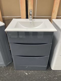 (COLLECTION ONLY) FLOOR STANDING 2 DRAWER SINK UNIT IN GLOSS GREY WITH A 610 X 470MM 1TH CERAMIC BASIN COMPLETE WITH A MONO BASIN MIXER TAP & CHROME SPRUNG WASTE - RRP £765: LOCATION - B6