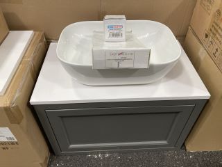 (COLLECTION ONLY) WALL HUNG 1 DRAWER COUNTERTOP SINK UNIT IN PEWTER GREY & WHITE 670 X 400MM WITH A CERAMIC VESSEL BASIN COMPLETE WITH A HIGH MONO BASIN MIXER TAP & CHROME SPRUNG WASTE - RRP £775: LO