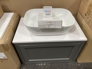 WALL HUNG 1 DRAWER COUNTERTOP SINK UNIT IN PEWTER GREY & WHITE 670 X 400MM WITH A CERAMIC VESSEL BASIN COMPLETE WITH A HIGH MONO BASIN MIXER TAP & CHROME SPRUNG WASTE - RRP £775: LOCATION - A2