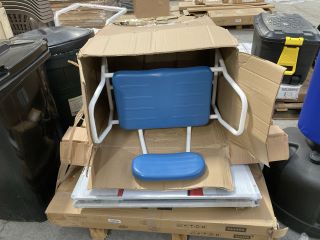 PALLET OF ASSORTED ITEMS TO INCLUDE NRS HEALTHCARE SHOWER CHAIR WITH ADJUSTABLE LEGS: LOCATION - B3