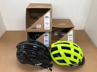 3 X LAZER COMPACT UNI SIZE CYCLE HELMETS IN BLACK AND FLASH YELLOW: LOCATION - D3