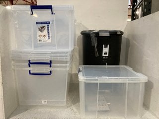 QTY OF ASSORTED PLASTIC STORAGE BOXES WITH LIDS IN VARIOUS SIZES TO INCLUDE 30L BIN WITH PET PROOF LOCK IN BLACK: LOCATION - D9