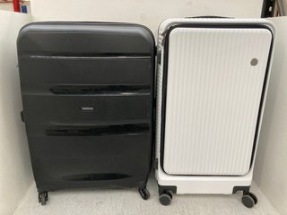 LARGE TRUNK STYLE WHEELED HARDSHELL SUITCASE IN WHITE TO INCLUDE AMERICAN TOURISTER LARGE WHEELED HARDSHELL SUITCASE IN BLACK: LOCATION - D11