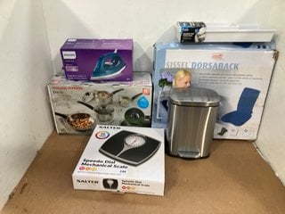 QTY OF ASSORTED HOUSEHOLD ITEMS TO INCLUDE MORPHY RICHARDS POUR AND DRAIN 5 PIECE STAINLESS STEEL PAN SET: LOCATION - D15