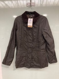 BARBOUR BEADNELL WAXED JACKET IN OLIVE - UK SIZE 8 - RRP £249: LOCATION - BOOTH