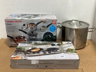 3 X KITCHEN APPLIANCES TO INCLUDE MORPHY RICHARD EQUIP POUR & DRAIN 5 PIECE STAINLESS STEEL PAN SET: LOCATION - C3