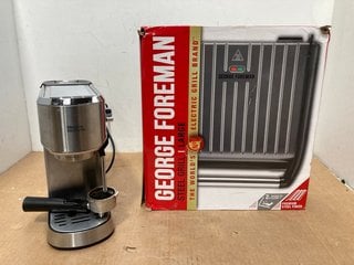 GEORGE FOREMAN LARGE STEEL GRILL TO INCLUDE MORPHY RICHARDS SILVER COMPACT ESPRESSO COFFEE MACHINE WITH STEAM WAND: LOCATION - B10