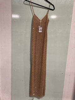 SELF-PORTRAIT SQUARE RHINESTONE MESH MAXI DRESS IN GOLD - UK SIZE: 6 - RRP: £ 260.00: LOCATION - A16