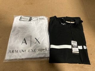 HUGO BOSS MENS SLIM FIT SHORT SLEEVE TEE IN BLACK AND WHITE - UK SIZE: LARGE TO INCLUDE ARMANI EXCHANGE SHORT SLEEVE LOGO T-SHIRT IN WHITE - UK SIZE: LARGE: LOCATION - A16