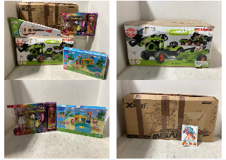 5 X ASSORTED CHILDRENS TOYS TO INCLUDE FALK RIDE ON TRACTOR WITH TRAILER IN GREEN: LOCATION - A14