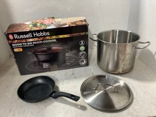 3 X ASSORTED ITEMS TO INCLUDE RUSSELL HOBBS GOOD TO GO MULTI COOKER IN BLACK: LOCATION - A11