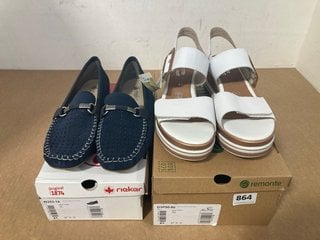 RIEKER LADIES BLUE SLIP ON SHOES UK SIZE 7.5 TO INCLUDE RIEKER LADIES WHITE HOOK & LOOP SANDALS UK SIZE 7.5: LOCATION - A4