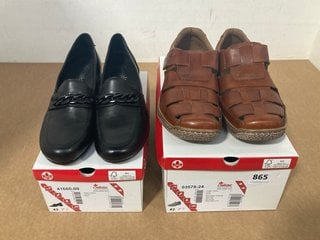 RIEKER LADIES BLACK ELASTICATED SHOES UK SIZE 8 TO INCLUDE RIEKER MENS BROWN HOOK & LOOP SHOES UK SIZE 8: LOCATION - A4