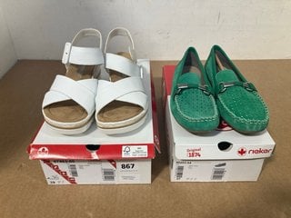 RIEKER LADIES GREEN SLIP ON SHOES UK SIZE 4 TO INCLUDE LADIES WHITE HOOK & LOOP SANDALS UK SIZE 6: LOCATION - A4