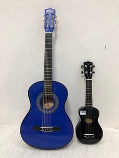 CHILDRENS TIGER 1/2 CLASSICAL GUITAR SET IN BLUE TO INCLUDE MARTIN SMITH SOPRANO UKULELE IN BLUE: LOCATION - AR4