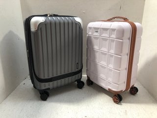 KONO CABIN SIZE HARD SHELL WHEELED SUITCASE IN WHITE/BROWN TO ALSO INCLUDE LEVEL 8 SMALL HARD SHELL WHEELED SUITCASE IN SILVER: LOCATION - AR15