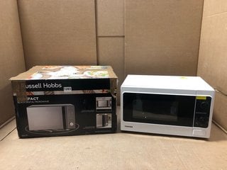 TOSHIBA MM-MM20P MANUAL MICROWAVE OVEN IN WHITE TO ALSO INCLUDE RUSSELL HOBBS RHM2076B COMPACT DIGITAL MICROWAVE IN BLACK: LOCATION - AR16