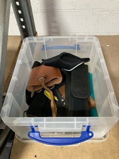 A BOX OF SHOOTING ACCESSORIES, PISTOL HOLSTERS ETC: LOCATION - AR20