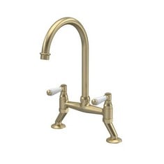 KITCHEN TAPS TRADITIONAL 2 TAP HOLE BRIDGE MIXER TAP WITH LEVER HANDLES - BRUSHED BRASS - RRP £307