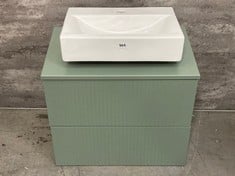 FLUTED 600MM WALL HUNG 2-DRAWER UNIT - SATIN GREEN TO INCLUDE DECO 600MM WORKTOP - SATIN GREEN AND RECTANGULAR VESSEL - RRP £818