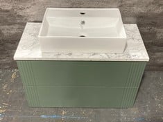 APPROX 800MM WALL HUNG BASIN UNIT WITH 2 DRAWERS IN SATIN GREEN TO INCLUDE AMDORA SMALL COUNTERTOP BASIN