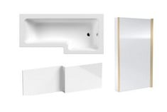 1700MM RIGHT HAND SQUARE SHOWER BATH - WHITE TO INCLUDE L-SHAPED HINGED BATH SCREEN WITH FIXED RETURN 6MM - BRUSHED BRASS AND ATHENA L-SHAPED SHOWER BATH FRONT PANEL 1700MM - GLOSS WHITE - RRP £1028