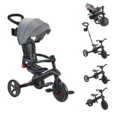 GLOBBER FOLDABLE EXPLORER TRIKE AND BALANCE BIKE 4 IN 1 WITH ADJUSTABLE CANOPY - PARENTAL STEERING HANDLE - CUP AND PHONE HOLDER - SAFETY HARNESS - 10 MONTHS TO 5 YEARS - 2 YEAR WARRANTY (BLACK).