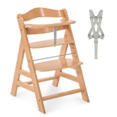 HAUCK ALPHA+, NATURAL - WOODEN HIGH CHAIR 6 MONTHS TO ADULT SUSTAINABLE FSC® CERTIFIED BEECHWOOD TODDLER FEEDING AND ENTERTAINMENT CHAIR, INCLUSIVE 5-POINT HARNESS BUMPER BAR CROTCH STRAP.