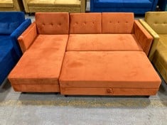 DESTIN 3 SEATER CORNER SOFA WITH STORAGE CHAISE TO INCLUDE STORAGE OTTOMAN BENCH IN ORANGE VELVET - TOTAL LOT RRP £760