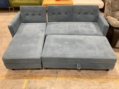 AVERY 3 SEATER CORNER SOFA WITH STORAGE CHAISE TO INCLUDE STORAGE OTTOMAN BENCH IN BLUE CORDUROY FABRIC - TOTAL LOT RRP £730