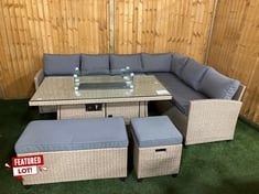 5 SEATER CORNER RATTAN GARDEN SOFA TO INCLUDE GLASS TOP RATTAN DINING TABLE WITH FIRE PIT IN NATURAL / GREY