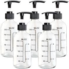 11 X YOUNGEVER 5 PACK 250ML CLEAR GLASS BOSTON ROUND BOTTLES, GLASS SOAP DISPENSERS WITH MEASUREMENT, GREAT FOR ESSENTIAL OILS, LOTIONS, LIQUID SOAPS.